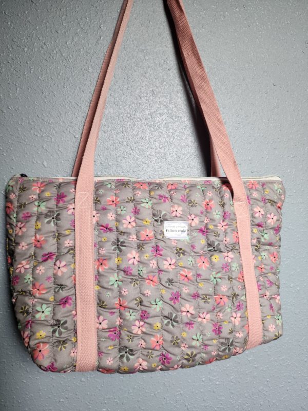 Gray Flowered Tote with Zipper